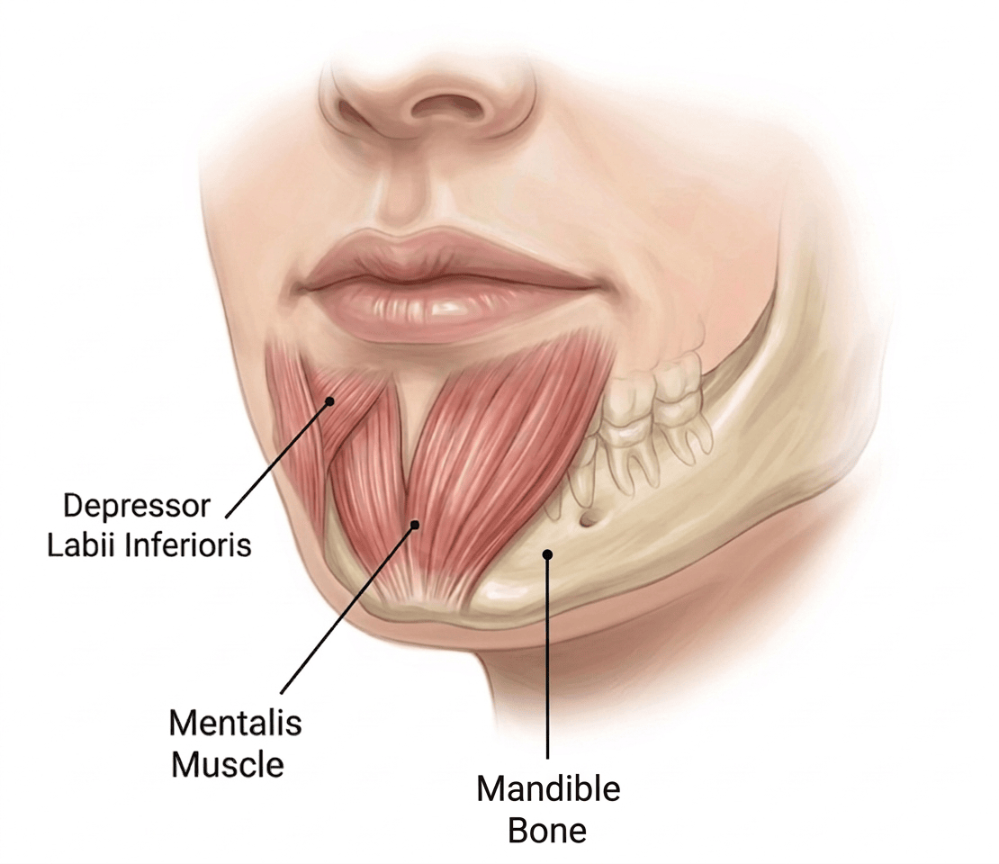 Anatomical diagram of the chin showing the mentalis muscle and the underlying mandibular bone.
