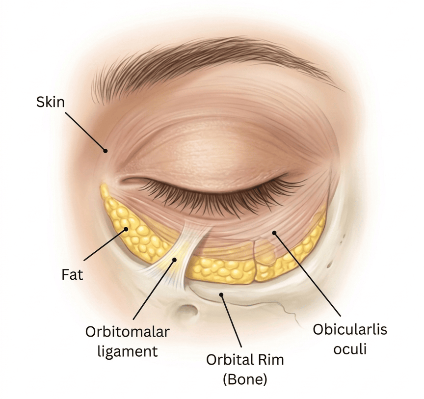 Anatomical diagram of the under-eye area showing skin, fat compartments, obicularis oculi muscle, and underlying bone structure.