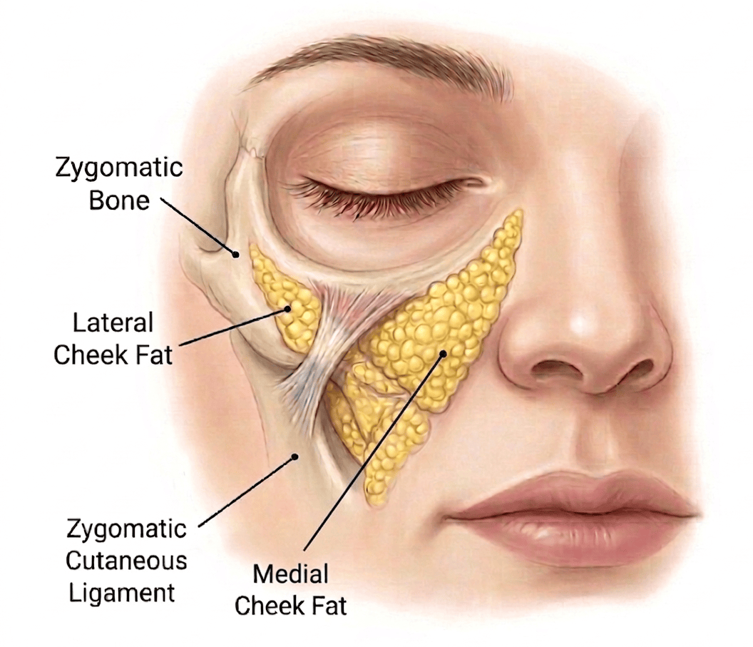 Anatomical diagram of the cheek area showing fat compartments, and bone.
