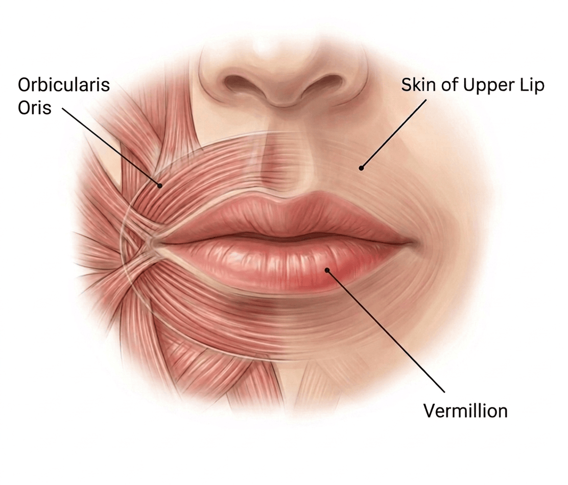 Anatomical diagram of the lips showing the vermillion, obicularis oris muscle, and surrounding soft tissue structures.