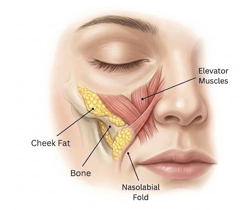 Anatomical diagram of the nasolabial fold showing skin layers, facial muscles, fat compartments, and cheek structure.