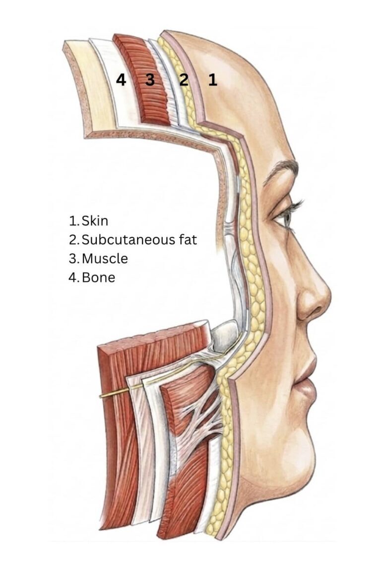 Facial anatomy diagram showing layers of skin, subcutaneous fat, and bone.
